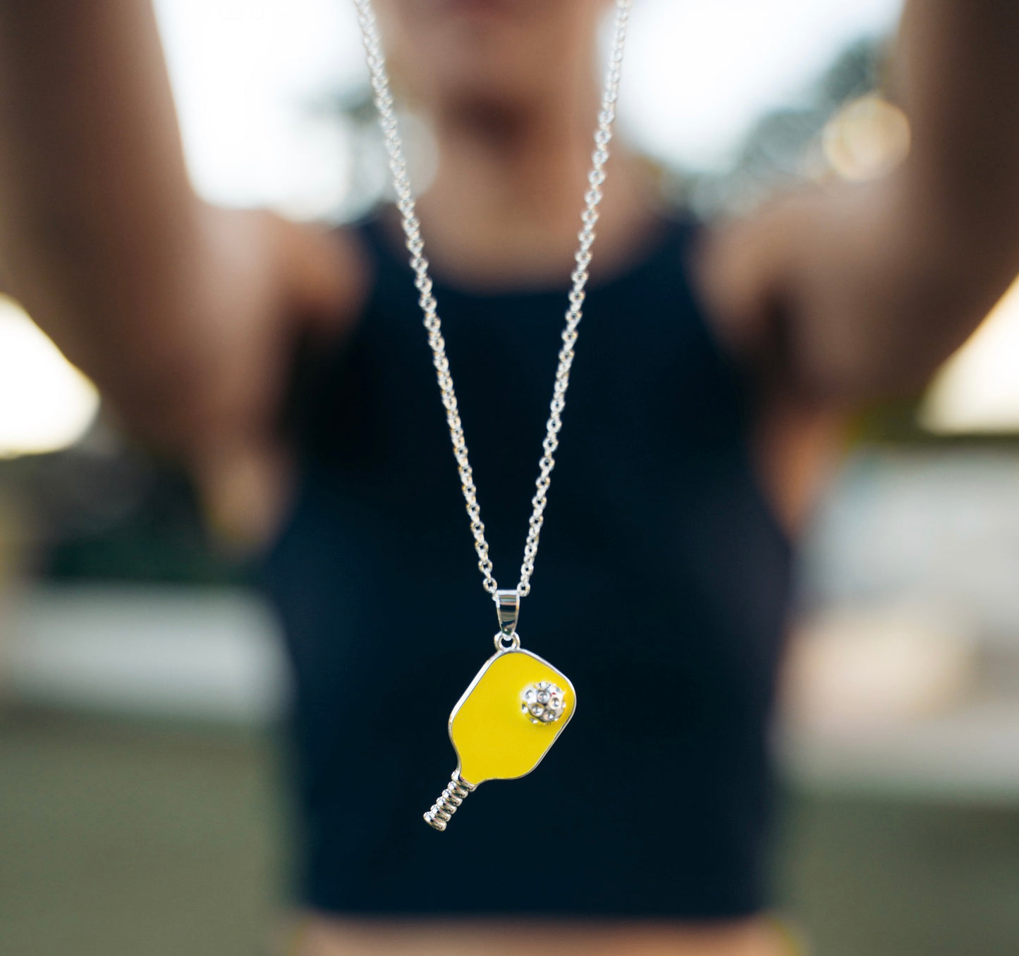 Pickleball Happy Face Necklace in Silver [Neon Yellow]