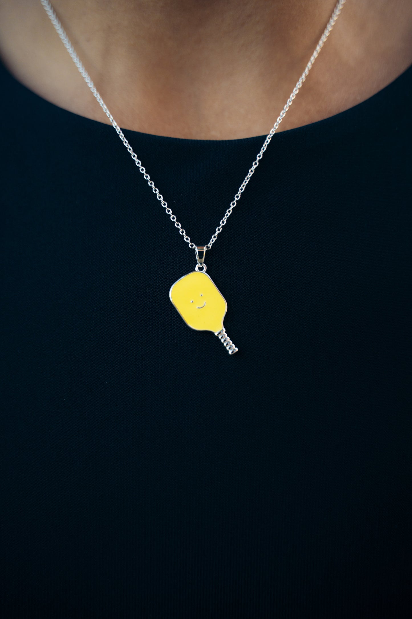 Pickleball Happy Face Necklace in Silver [Neon Yellow]