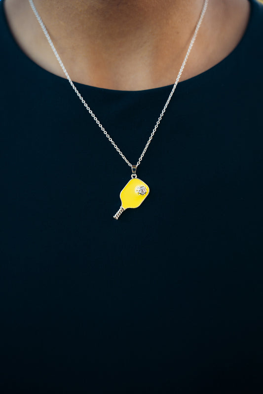 Pickleball Happy Face Necklace in Silver [Neon Yellow]