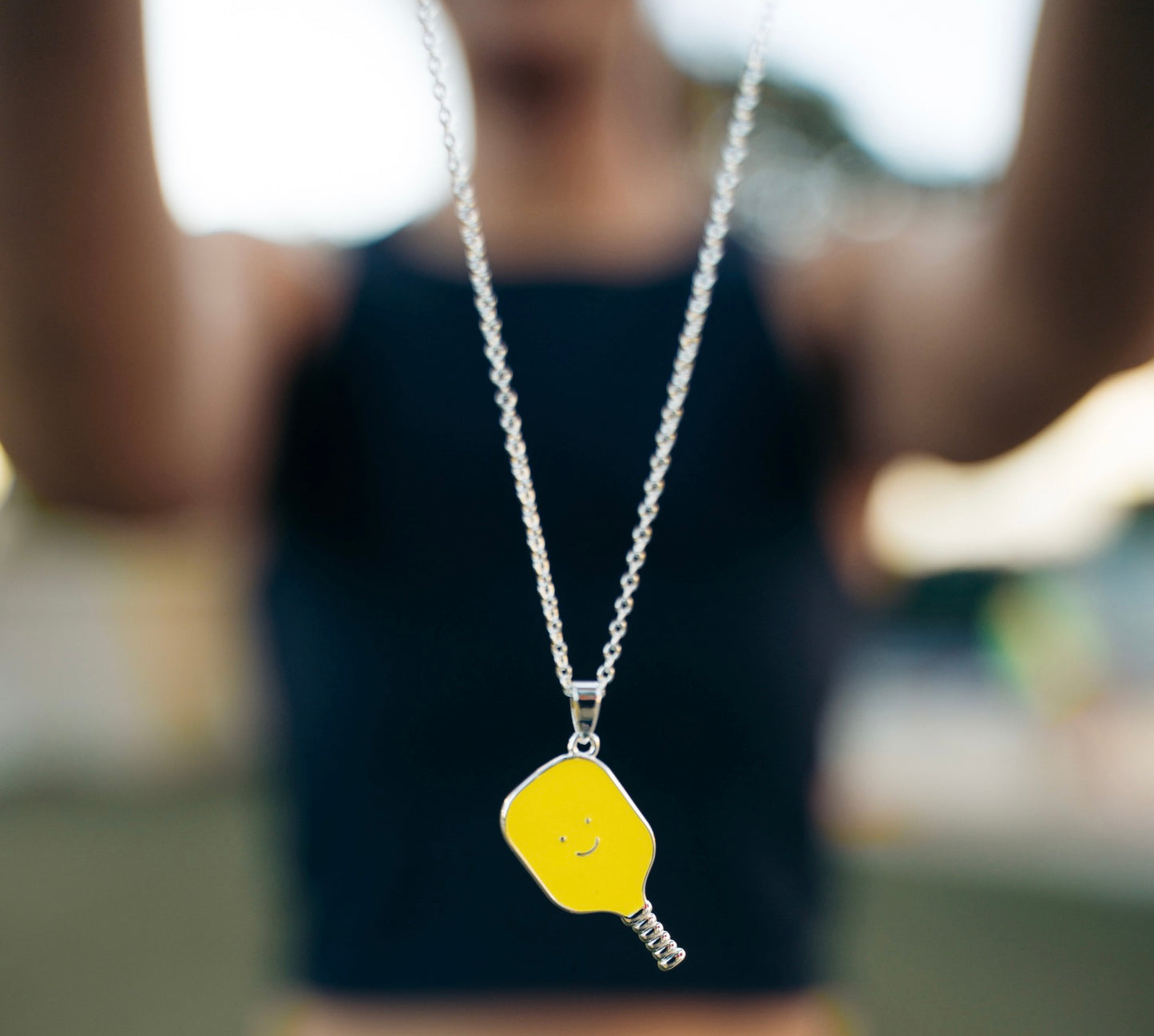 Pickleball Happy Face Necklace in Silver [Neon Yellow]