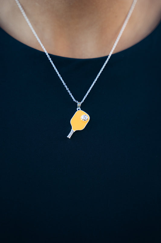 Pickleball Happy Face Necklace in Silver [Neon Orange]