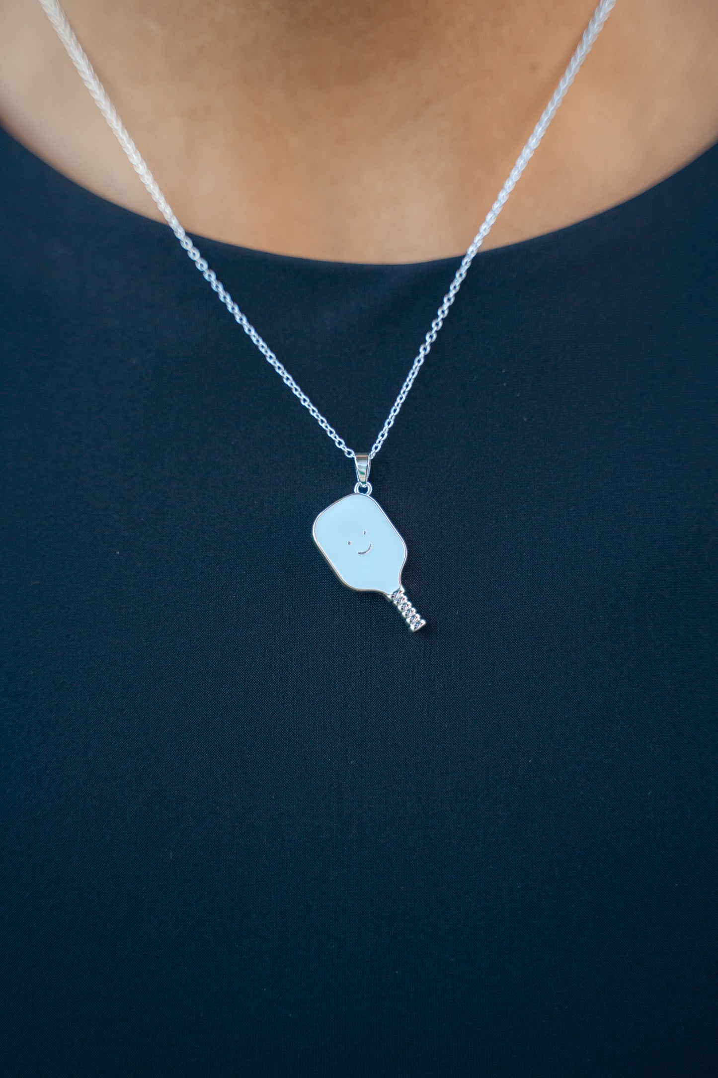 Pickleball Happy Face Necklace in Silver [Baby Blue]