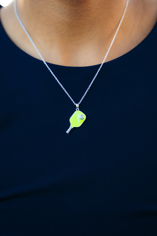 Pickleball Happy Face Necklace in Silver [Neon Green]