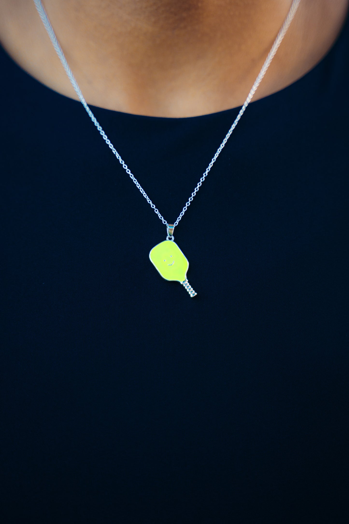 Pickleball Happy Face Necklace in Silver [Neon Green]