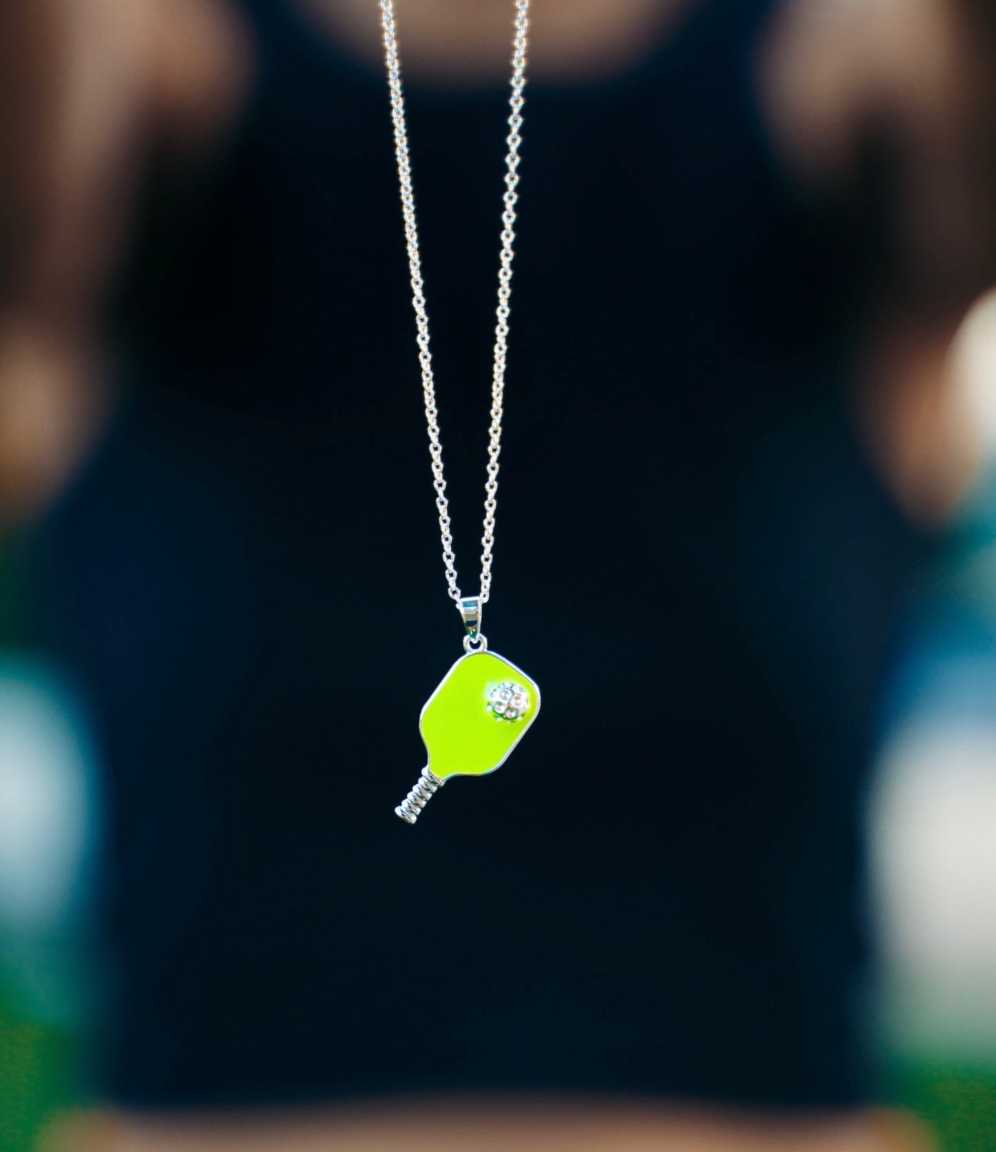 Pickleball Happy Face Necklace in Silver [Neon Green]