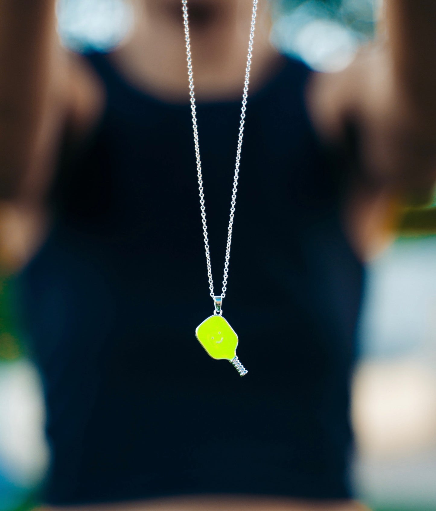 Pickleball Happy Face Necklace in Silver [Neon Green]