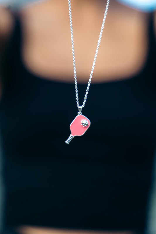 Pickleball Happy Face Necklace in Silver [Pretty Pink]