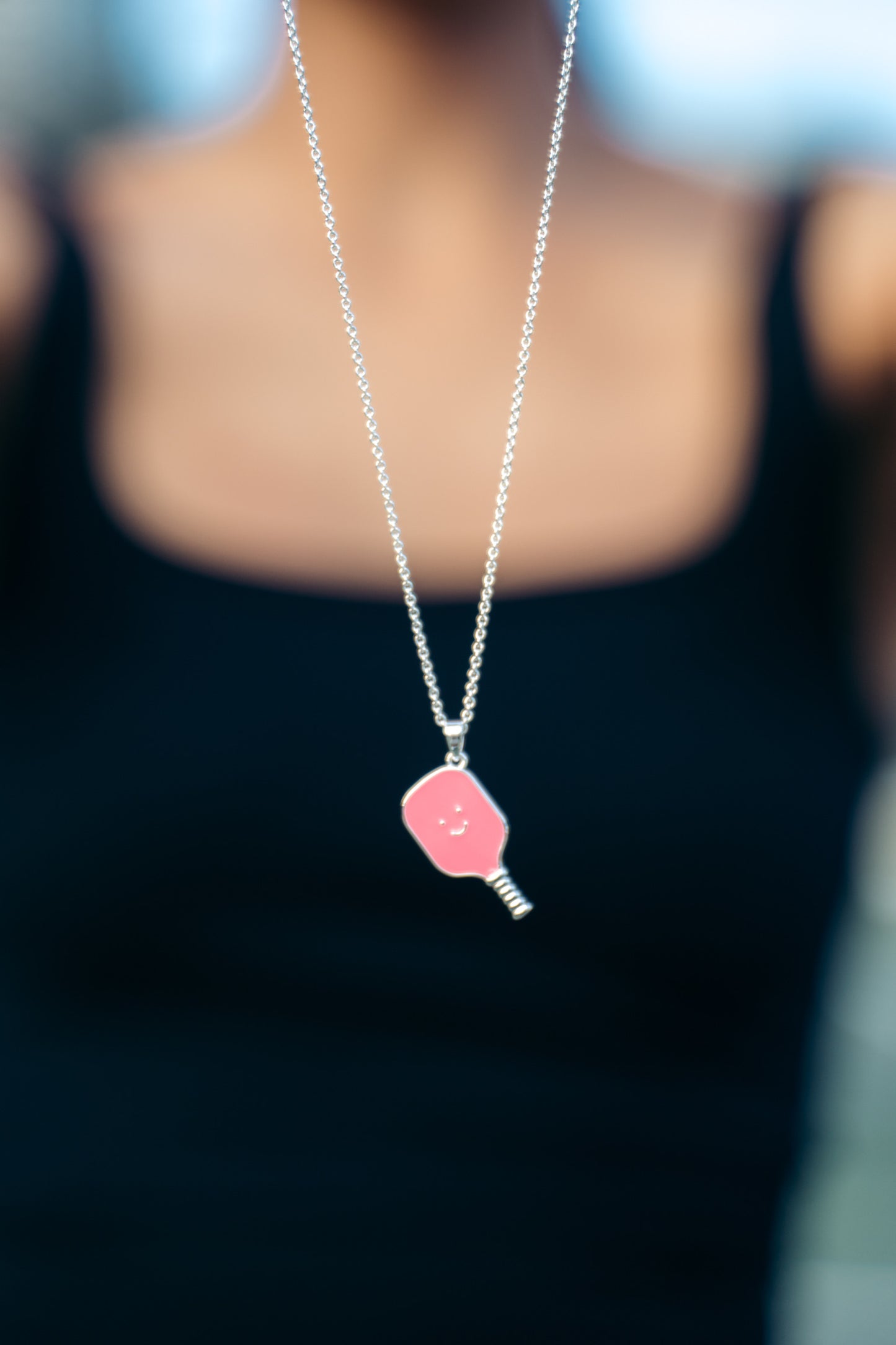 Pickleball Happy Face Necklace in Silver [Pretty Pink]