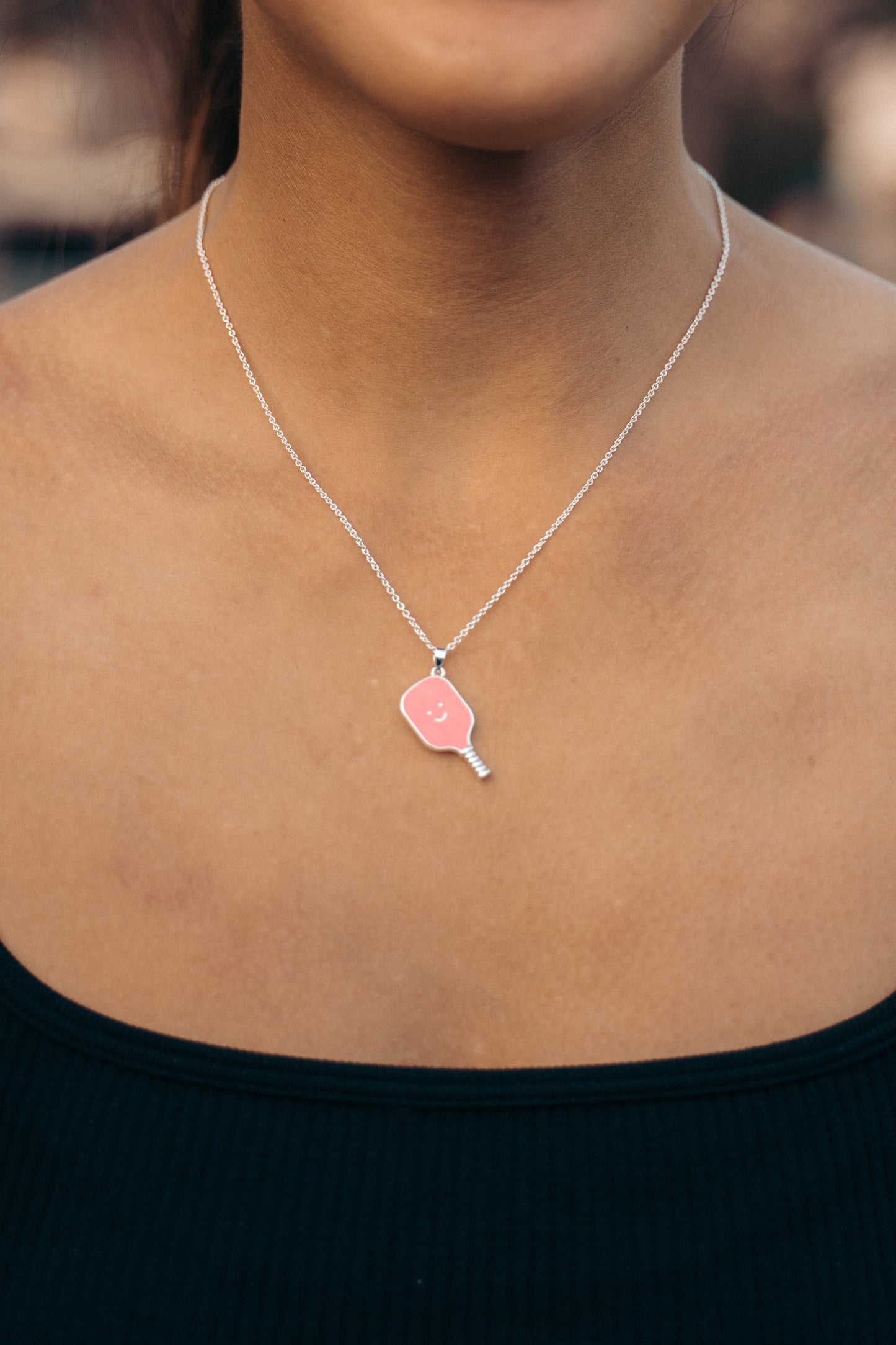 Pickleball Happy Face Necklace in Silver [Pretty Pink]