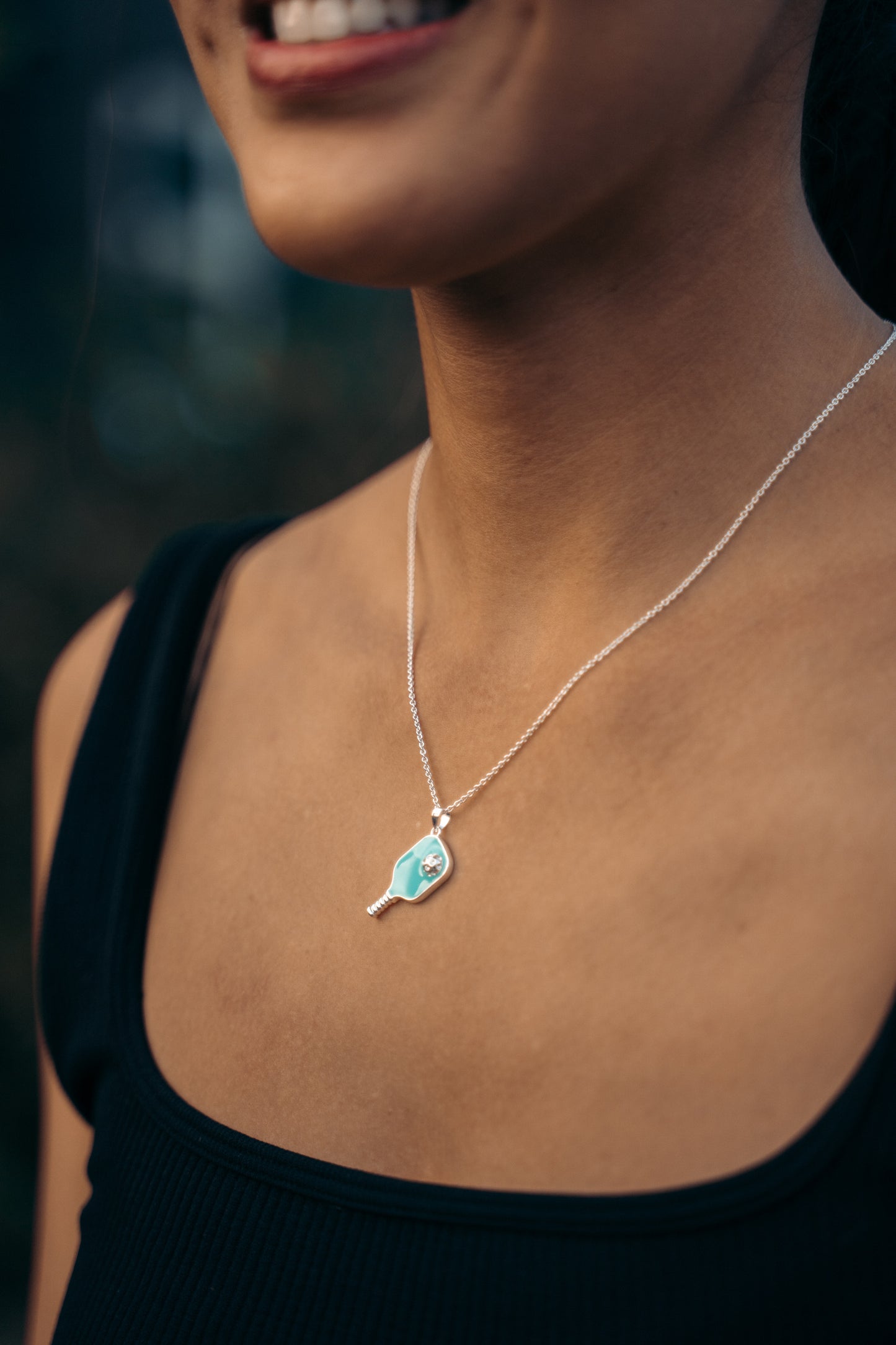 Pickleball Happy Face Necklace in Silver [Tiffy Blue]