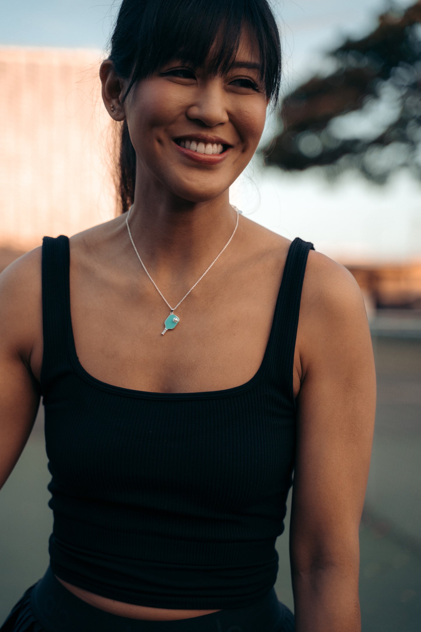 SE Pickleball Happy Face Necklace in Silver [Glitter Sparkle White]