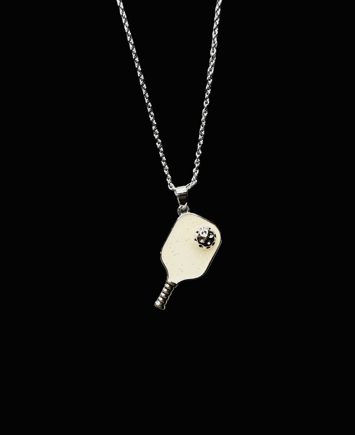 SE Pickleball Happy Face Necklace in Silver [Glitter Sparkle White]