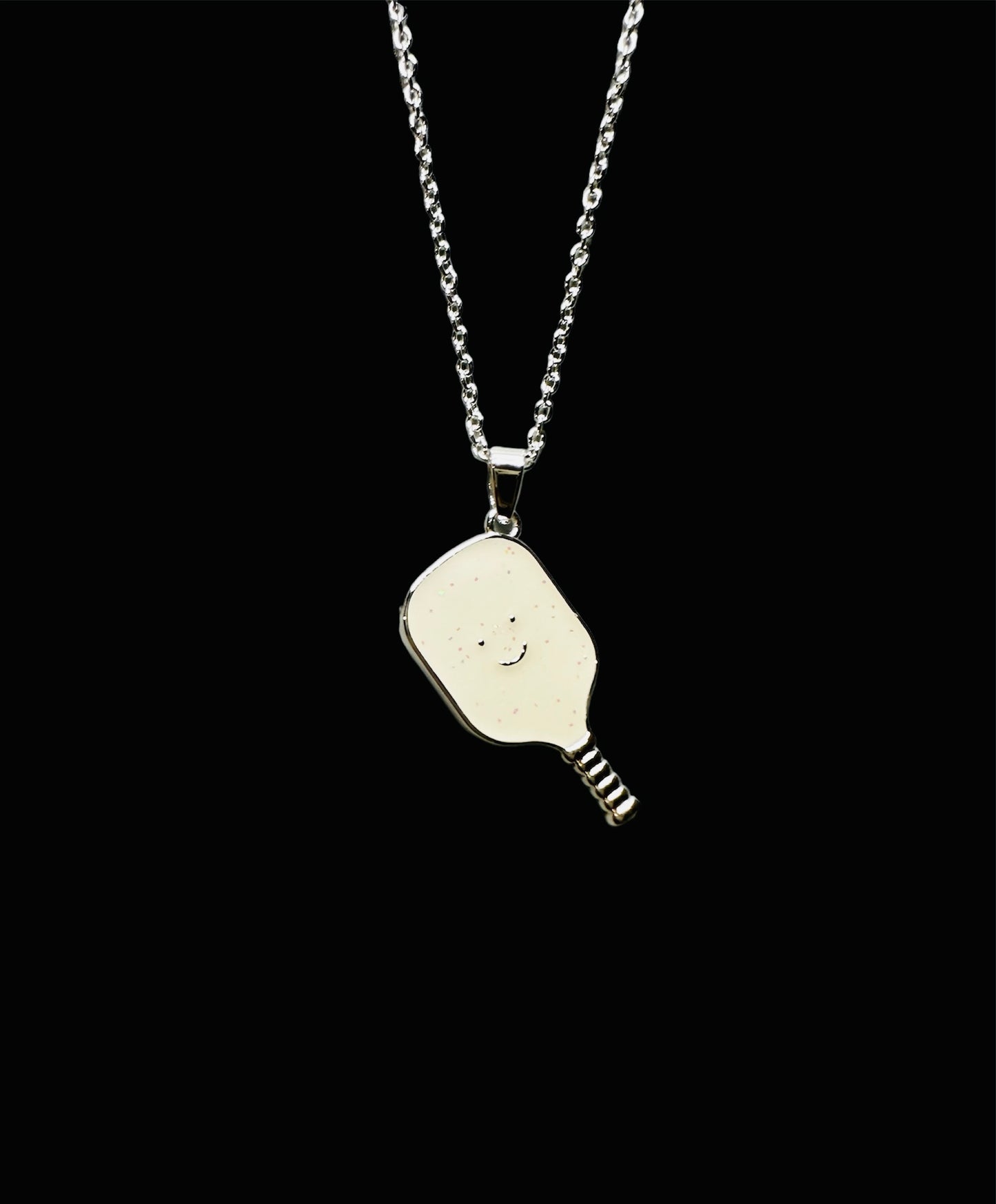 SE Pickleball Happy Face Necklace in Silver [Glitter Sparkle White]