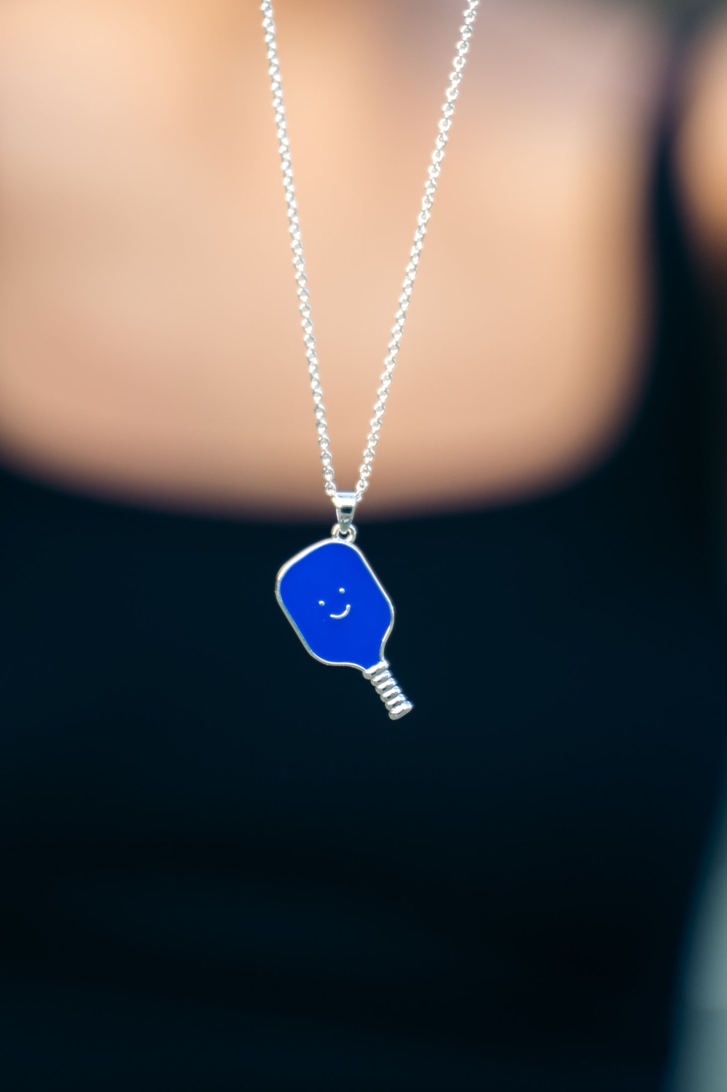 Pickleball Happy Face Necklace in Silver [Navy]